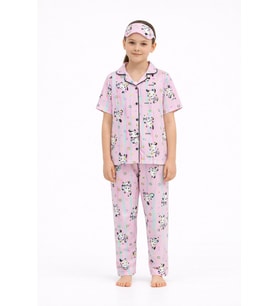 Pembe Sevimli Karakter Baskılı Kısa Kol Kız Çocuk Göz Bantlı Pijama Takmı 23826