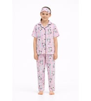 Pembe Sevimli Karakter Baskılı Kısa Kol Kız Çocuk Göz Bantlı Pijama Takmı 23826