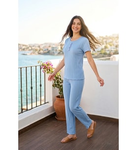 Kadın Bambu Viskon Transfer Ribana Kısa Kollu Düğmeli Pijama Takımı Mavi