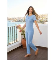 Kadın Bambu Viskon Transfer Ribana Kısa Kollu Düğmeli Pijama Takımı Mavi