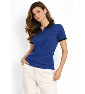 pilelistore- Polo Yaka Çizgili Tişört Kısa Kol Düğmeli Yazlık T-Shirt - Saks Mavisi