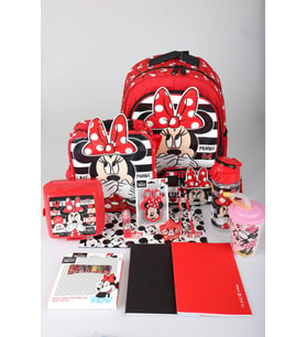 x Dekomus Lisanslı Minnie Mouse Full Kırtasiye Seti Büyük Boy Okul,Beslenme ve Kalem Çantası,Beslenme Kabı,Matara,Çıtçıt Dosya Seti