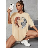 Unisex Tiger Baskılı T-shirt (Bej)