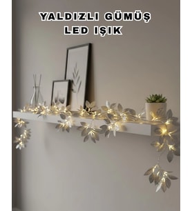 Mey İthalat® Yaldızlı Gümüş Yaprak Led Işık Pilli Dekoratif Ortam Yılbaşı Aydınlatması