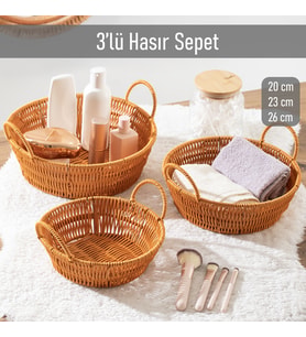 Porsima 304-D Yuvarlak 3'lü Hasır Sepet Dekoratif Ev Düzenleyici Kendinden Kulplu Hasır Sepet Seti Banyo Düzenleyici Sepet