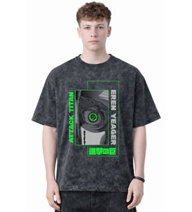 Tasarım Eren Yeager Attack On Titan Anime Baskılı Unisex Oversize Eskitme Yıkamalı Tişört