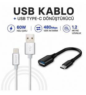 Philips 3A 60W UsbA to Type-C 1.2M Hızlı Şarj ve Data Kablosu Beyaz + ScHitec Type-C to UsbA 3.0 OTG Dönüştürücü Adaptör
