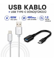 Philips 3A 60W UsbA to Type-C 1.2M Hızlı Şarj ve Data Kablosu Beyaz + ScHitec Type-C to UsbA 3.0 OTG Dönüştürücü Adaptör