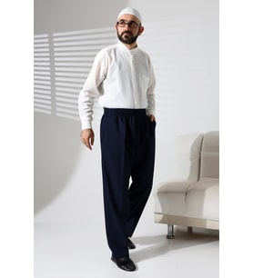 Erkek Beli Lastikli Cepli Kışlık Yün Efektli Kumaş Şalvar Pantolon - Lacivert (İSR)