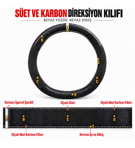 Ford Fiesta Mk5 Dikme Direksiyon Kılıfı Alcantara Süet Mat Karbon Beyaz Yüzük ve Dikiş 2006-2008