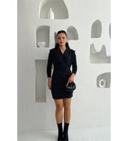 Neşeli butik kadın kol vatkalı taşlı mini elbise NBMY3835 (Lacivert)