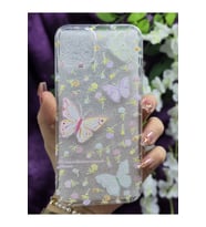 iPhone 14 PLUS / 15 PLUS Uyumlu Pastel Renkli Çiçekli Kelebek Desenli Silikon Şeffaf Telefon Kılıfı