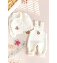 Triko Kışlık Kız Bebek Salopet Takım Tulum Set (Krem)