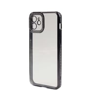 iPhone 12 Kılıf Şeffaf Arka Yüzey Kamera ve Kenarları Taşlı Silikon (Siyah)