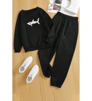 Unisex Shark Baskılı Bisiklet Yaka Eşofman Takımı (Siyah)