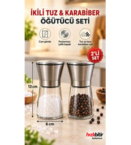ByMyHand Paslanmaz Çelik Cam Gövdeli Tuz ve Karabiber Öğütücü Baharat Değirmeni 2'li Set (Orta Boy)