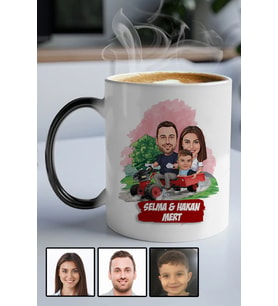 Üç Kişilik Aileye Özel Karikatürlü Sihirli Kupa Bardak