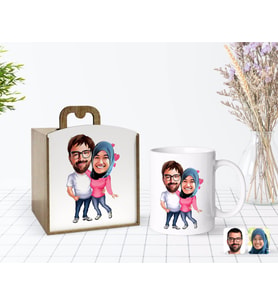 BK Gift Kişiye Özel Ahşap Kutuda Sevgililer Karikatürlü Beyaz Kupa Bardak-58