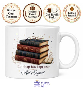 Kitap ve Gözlük Temalı Baskılı Kupa Bardak Hediye Kitapsever Porselen Mug