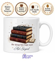 Kitap ve Gözlük Temalı Baskılı Kupa Bardak Hediye Kitapsever Porselen Mug