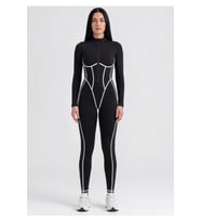 Beyaz Biyeli Siyah Sculpt Line Uzun Kollu Spor Tayt Tulum