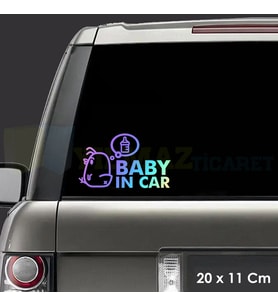Biberonlu Arabada Bebek Var Hologram Renkli Etiket Oto Sticker Yapıştırma Aksesuar 20 x 11 Cm