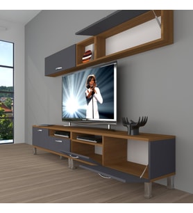 Decoraktiv Eko 5200 Mdf Krom Ayaklı Tv Ünitesi Tv Sehpası (Antrasit - Ceviz)