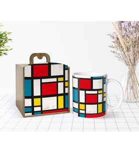 BK Gift Kişiye Özel Ahşap Kutuda Mondrian Tasarımlı Beyaz Kupa Bardak-1