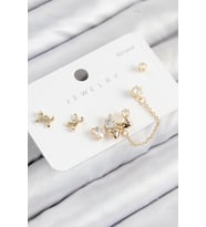 Pirinç Zirkon Taşlı Fiyonk Model Gold Renk 925 Ayar Gümüş Çivi Kadın Küpe Set (Altın)