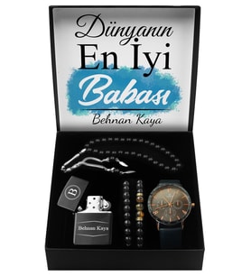 Babalar Gününe Özel Tasarım Kutu & Suni Deri Kordon Saat & İkili Bileklik & Kişiye Özel Çakmak & Tesbih Seti