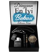 Babalar Gününe Özel Tasarım Kutu & Suni Deri Kordon Saat & İkili Bileklik & Kişiye Özel Çakmak & Tesbih Seti