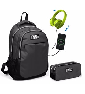 Coral High Siyah-Gri Erkek Çocuk İlkokul Çantası ve Kalemlik Seti - USB Soketli