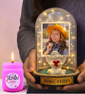 Kişiye Özel Led Işıklı Beyaz Melekli Fanus ve Kokulu Mum Fotoğraflı & Yazılı