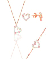 Gümüş rose zirkon taşlı kalp kolye,bileklik ve küpe üçlü set