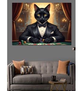 Poker Oynayan Karizmatik Kedi Dekoratif Kanvas - Mdf Ahşap Tablo