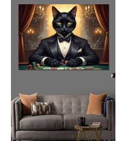 Poker Oynayan Karizmatik Kedi Dekoratif Kanvas - Mdf Ahşap Tablo