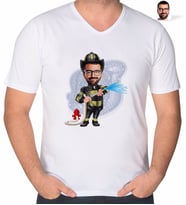 BK Gift Kişiye Özel İtfaiyeci Karikatürlü V Yaka Tişört-1 (Beyaz)