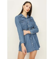 Kadın Beli Lastikli Denim Elbise (Mavi)
