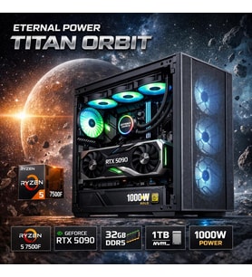 Eternal Power TITAN ORBIT Ryzen 5 7500F RTX 5090 32GB DDR5 1TB M.2 B650M WIFI 1000W 360mm Gaming PC
