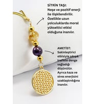 Doğal Taşlı Metal Yaşam Çiçeği Araba Dikiz Ayna Süsü, Ametist ve Sitrin Taşlı Araba Hediyesi