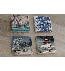 Japon Sanatı Manzaralar Doğal Taş Bardak Altlığı 4'lü set - Natural Stone Coasters
