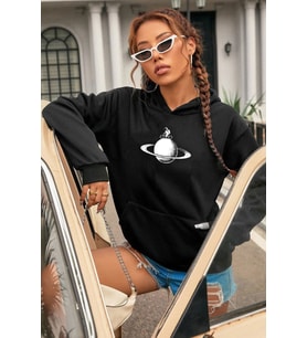 Unisex Astronaut Rides Baskılı Sweatshirt (Siyah)