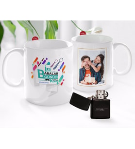 BK Gift Kişiye Özel Babalar Günü Hediyesi Fotoğraflı Kupa Bardak ve Benzinli Çakmak Seti-60 (Model 1)