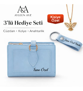 AYLEEN AYZ Kişiye Özel Kadın 3'lü Hediye Seti - Anka Kuşu Kolye İsme Özel Deri Cüzdan ve Anahtarlık (Bebe Mavisi)