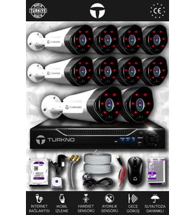 TURKNO 10 Kameralı Galia 10 Dış Kamera Set 2 TB HDD Full HD Gece Görüşlü Güvenlik Kamerası Sistemi