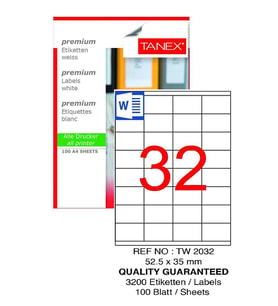 Bilgisayar Etiketi Tw-2032 52,5x35 mm 100 Lü Lazer Etiket 1 Paket Tanex Davetiye Kargo Koli Kutu Etiketi (Beyaz)