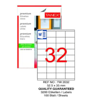 Bilgisayar Etiketi Tw-2032 52,5x35 mm 100 Lü Lazer Etiket 1 Paket Tanex Davetiye Kargo Koli Kutu Etiketi (Beyaz)