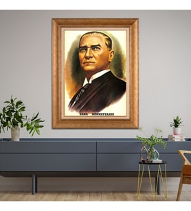 Altın Paspartulu Atatürk  Çerçeveli Tablo C894 (Gold)
