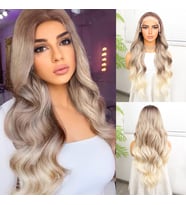 Kumral Platin Ombre  ve Röfleli Fiber Sentetik Geniş Dalgalı Tül Peruk