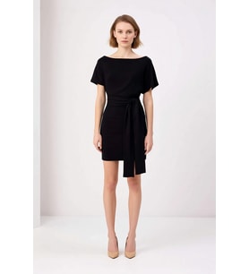 Kadın Kısa Kollu Asimetrik Yaka Bağlamalı Bodycon Mini Elbise Viskon Ribana Yumuşak Örme Günlük
